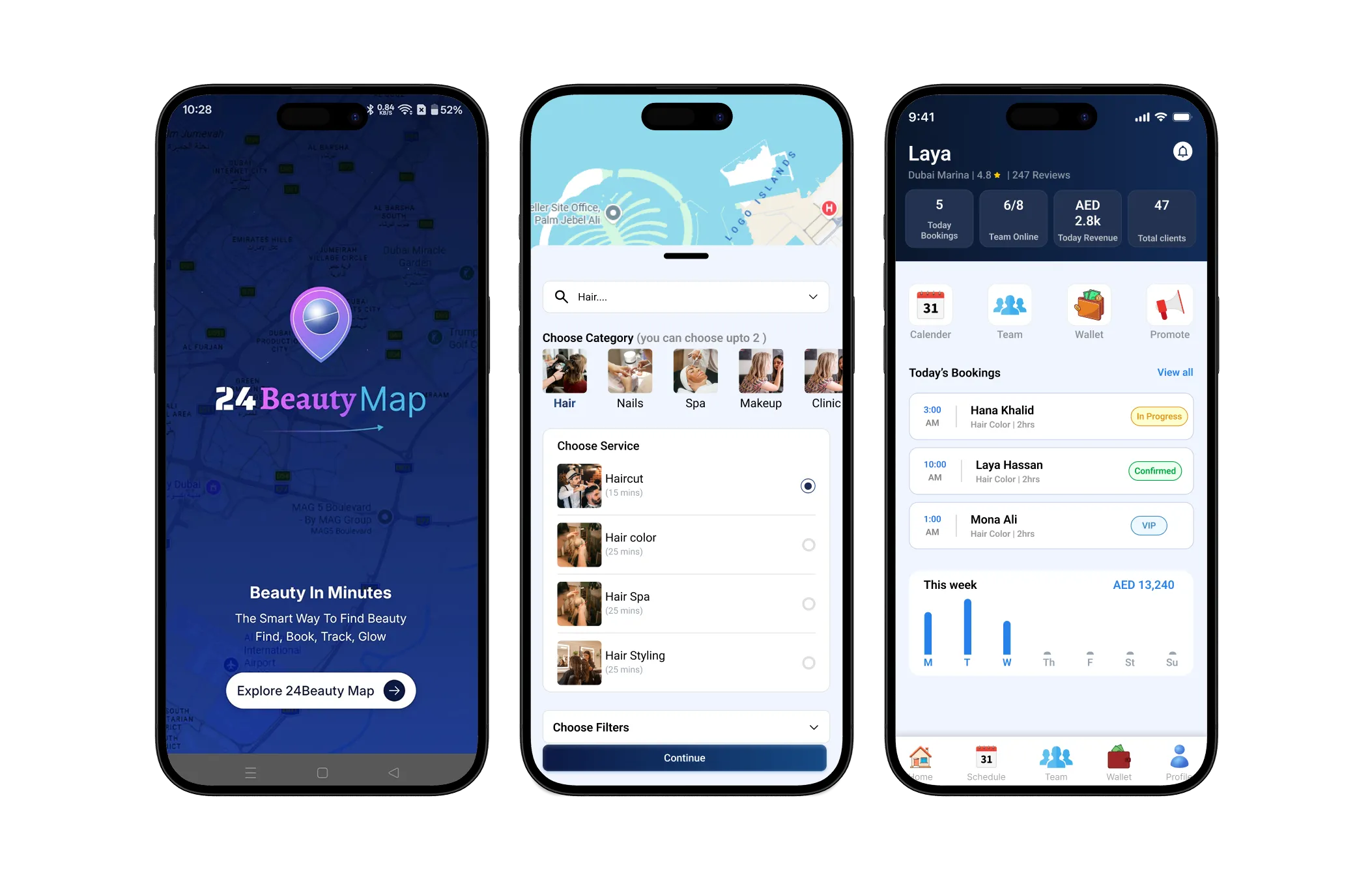 24Beauty Map salon booking app screens