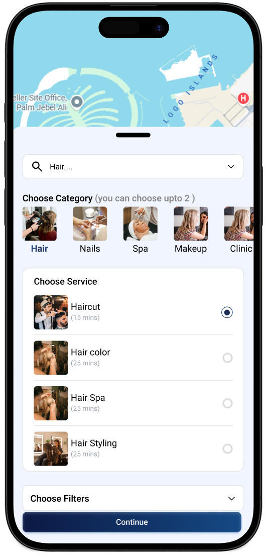 24Beauty Map app service category and service selection screen