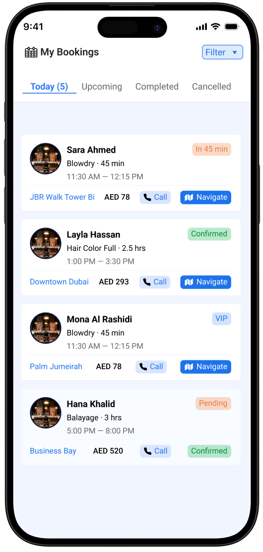 24Beauty Map Provider app bookings list with call and navigate actions