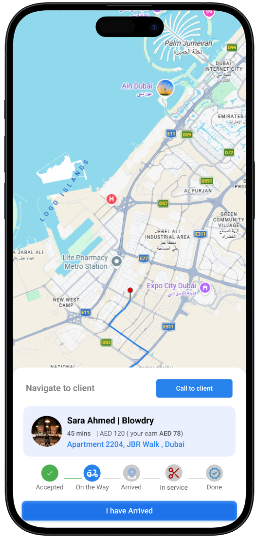 24Beauty Map Provider app navigation to the client for an at-home booking