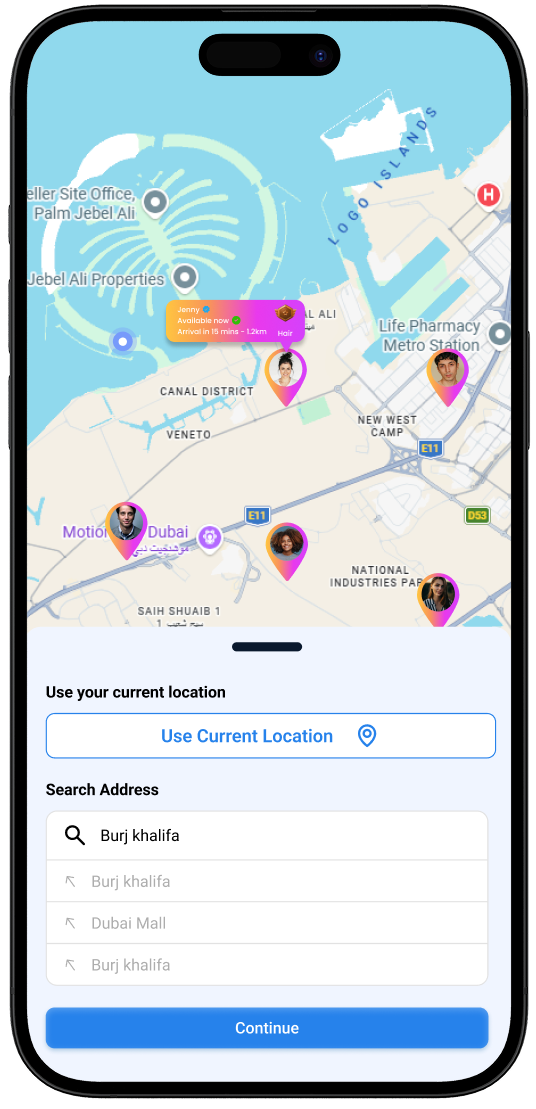 24Beauty Map app location search screen with salons on the map