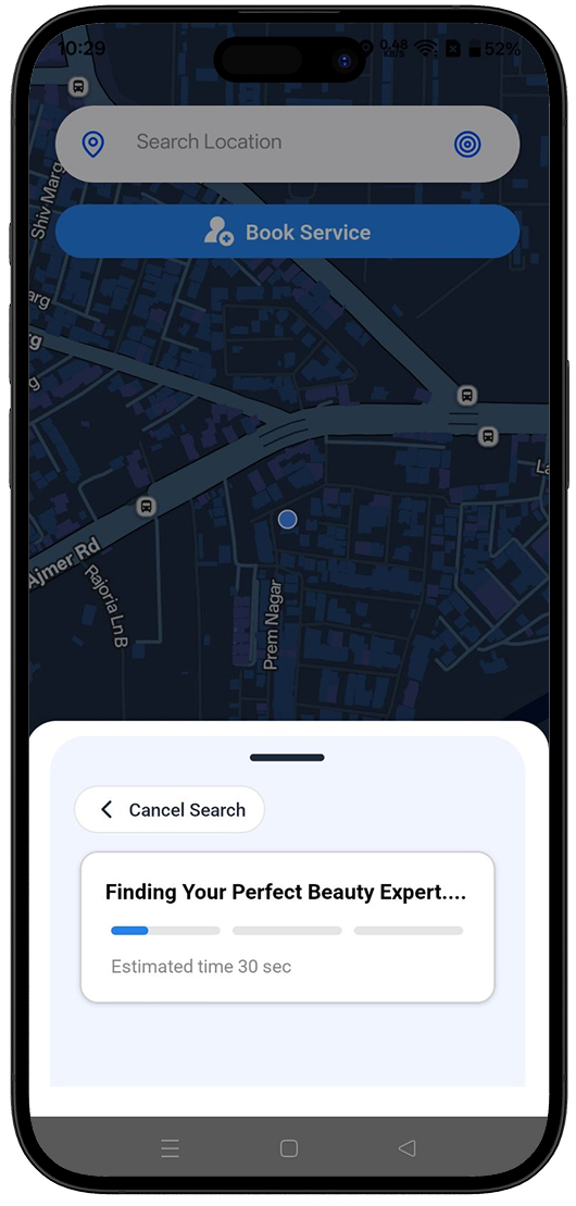 24Beauty Map app searching for a nearby beauty expert