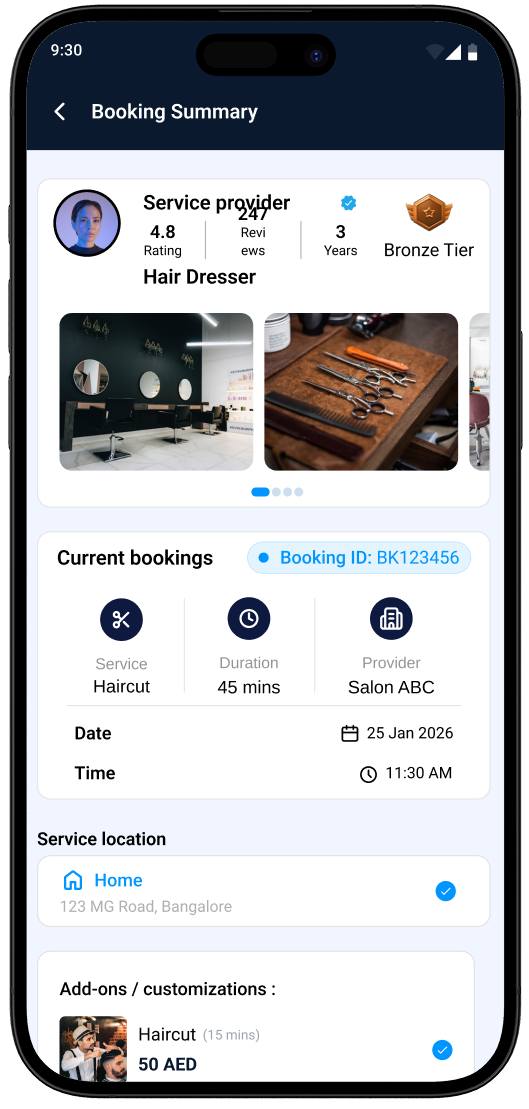 24Beauty Map app booking summary with provider, service and time