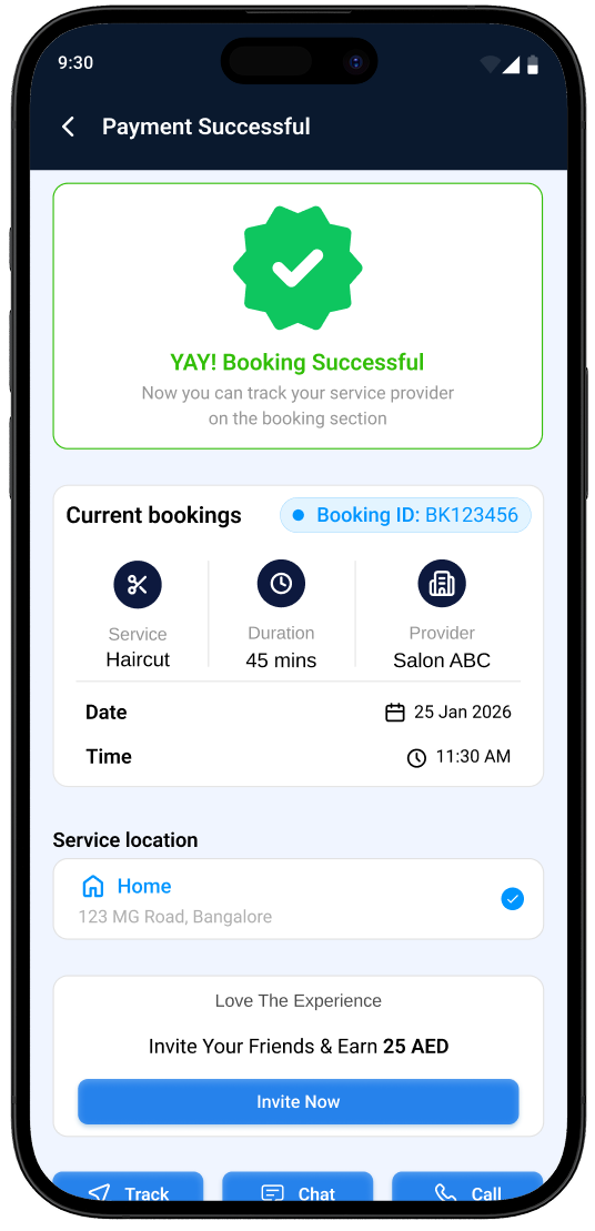 24Beauty Map app booking successful screen with track, chat and call options