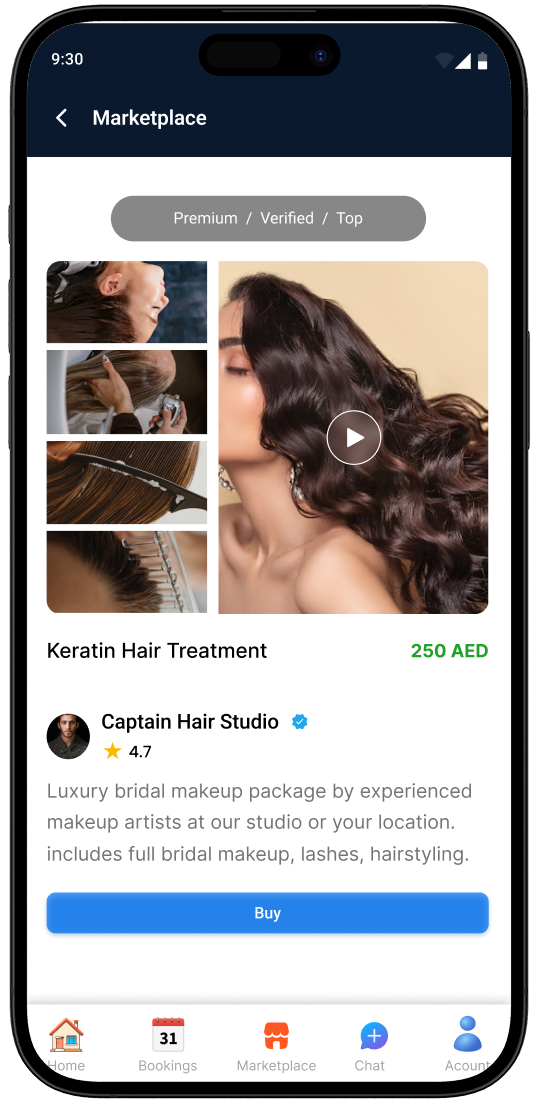 24Beauty Map app marketplace screen with a salon service offer