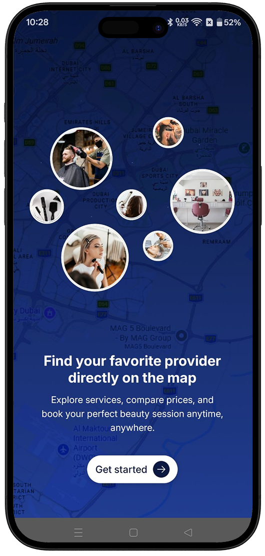 24Beauty Map app onboarding screen to find providers on the map