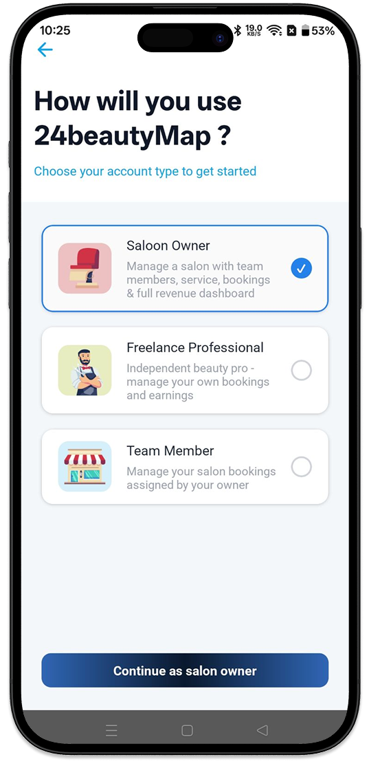24Beauty Map Provider app account type selection for salon owner, freelancer or team member