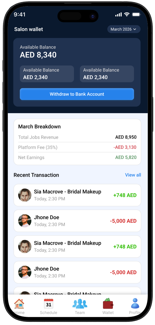24Beauty Map Provider app salon wallet with earnings and withdrawals