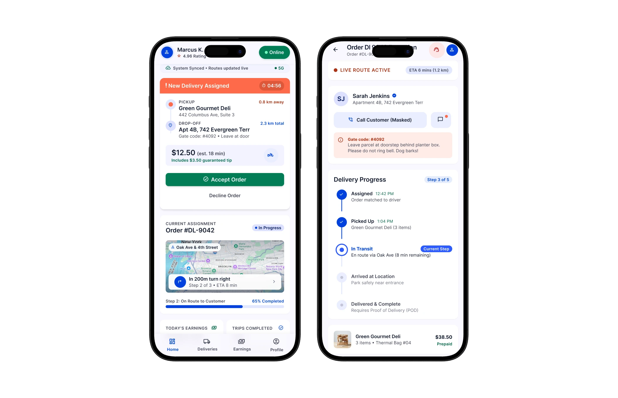 Driver app screen showing next delivery stop and navigation