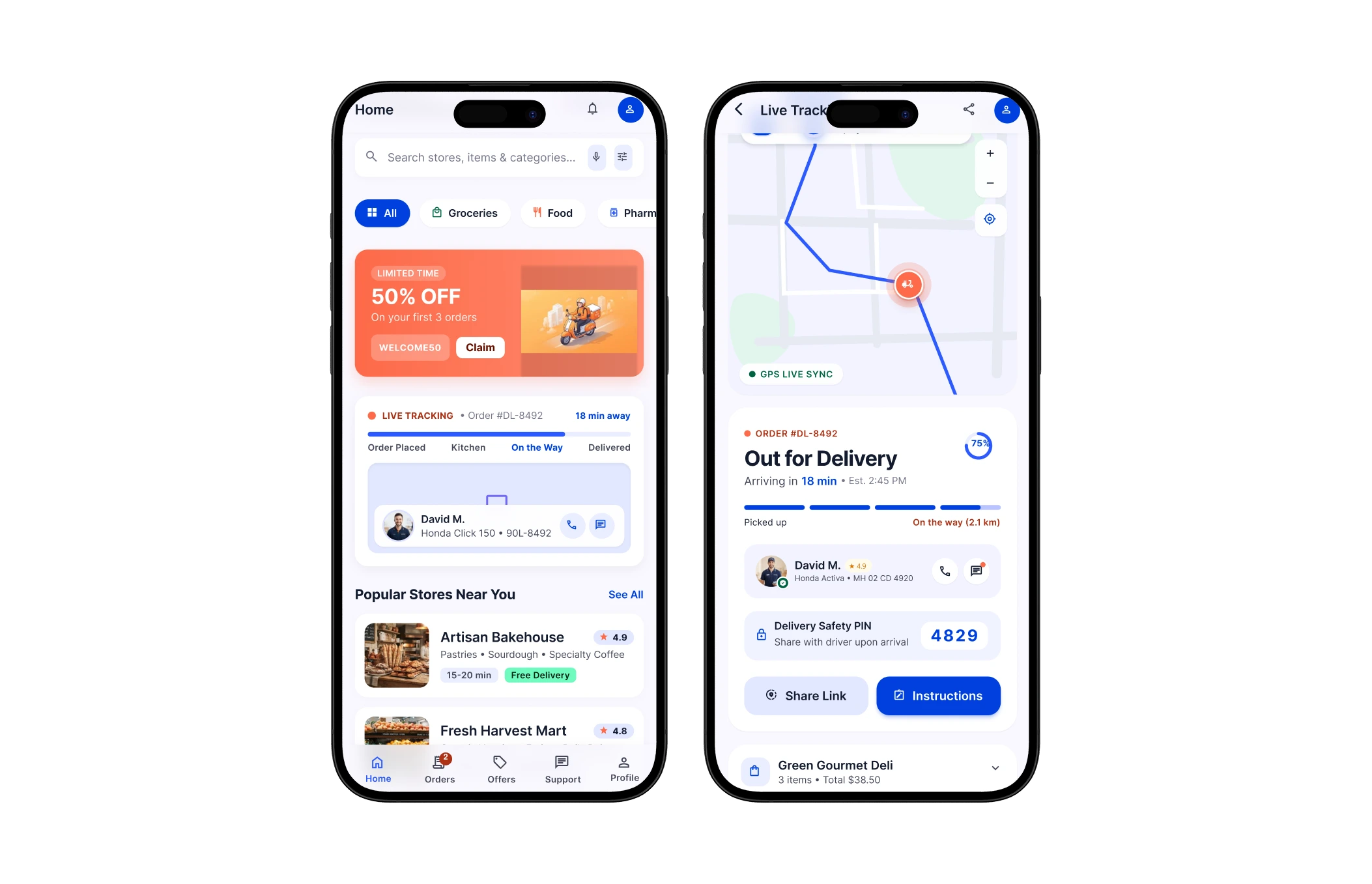 Delivery app customer screens with live order tracking