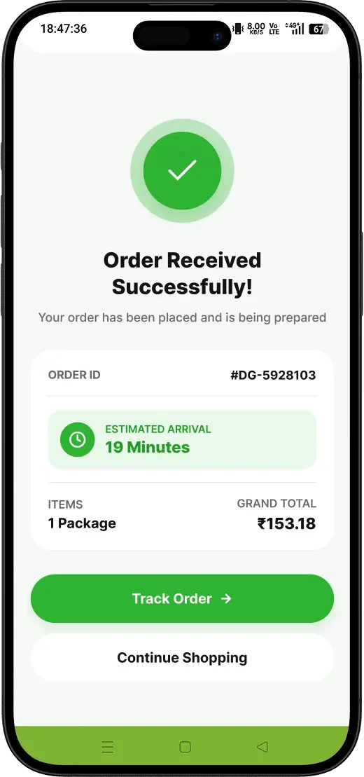 DiarchGo Grocery App Order Confirmation Screen