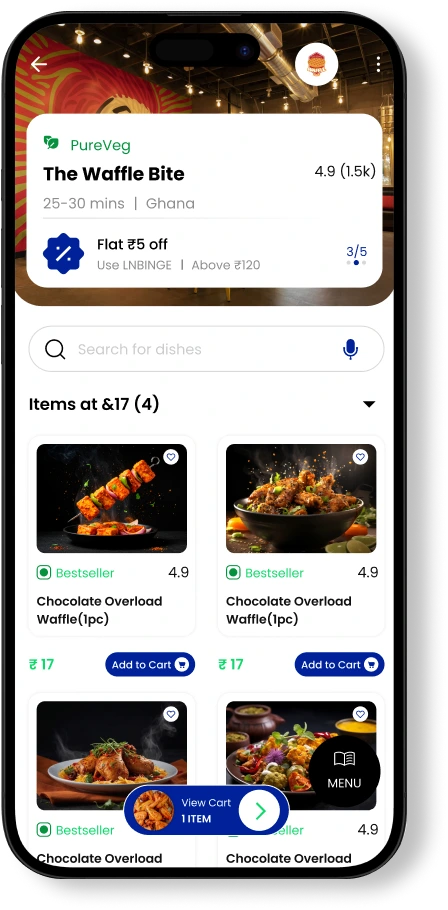ZatPat Ride restaurant menu screen with dishes and cart