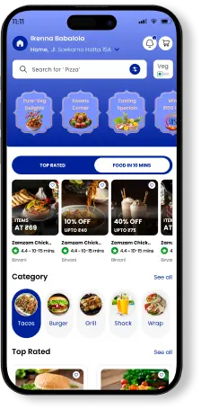 ZatPat Ride food home screen with categories and top rated restaurants