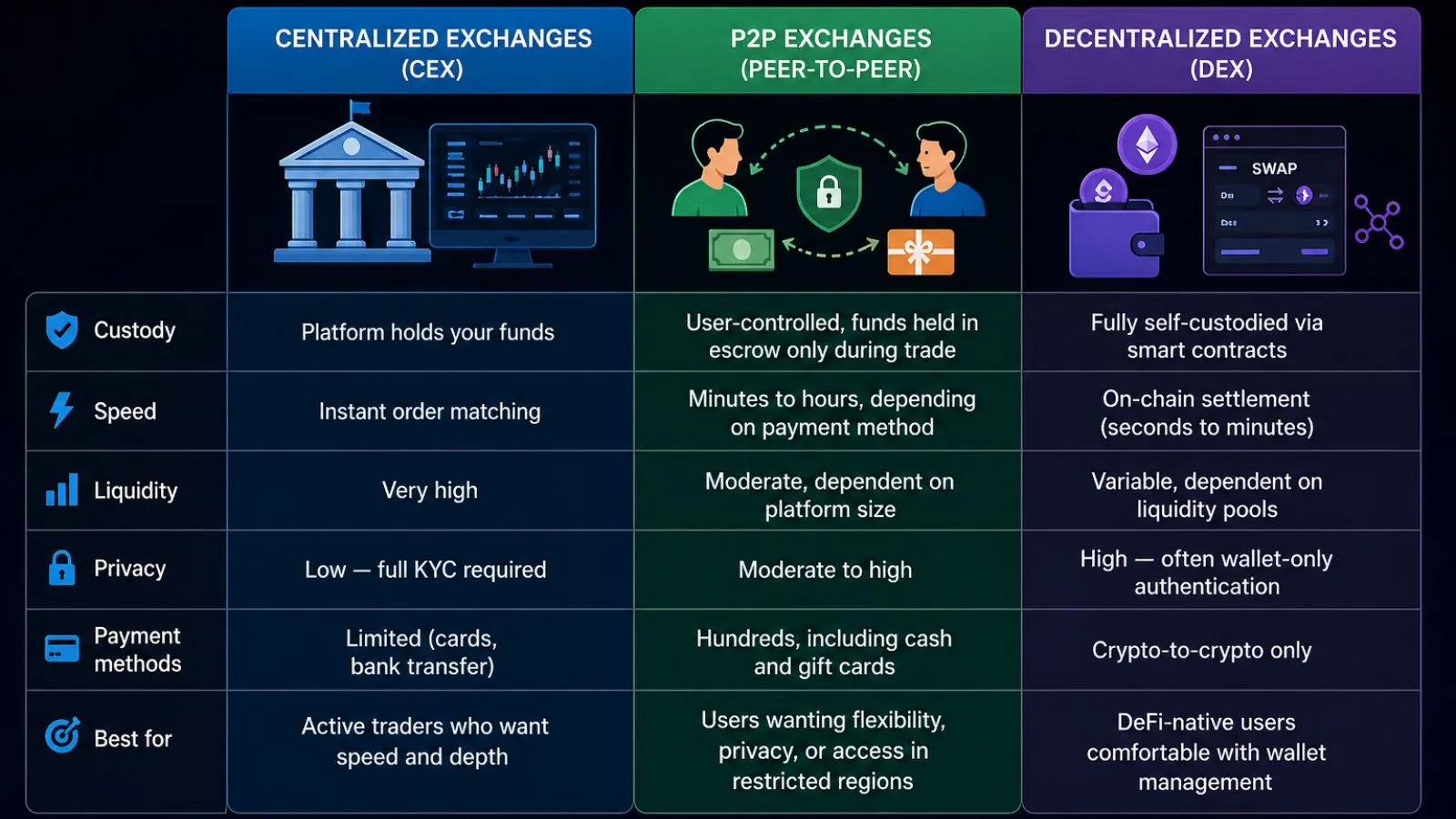 P2P Exchanges vs CEX vs DEX