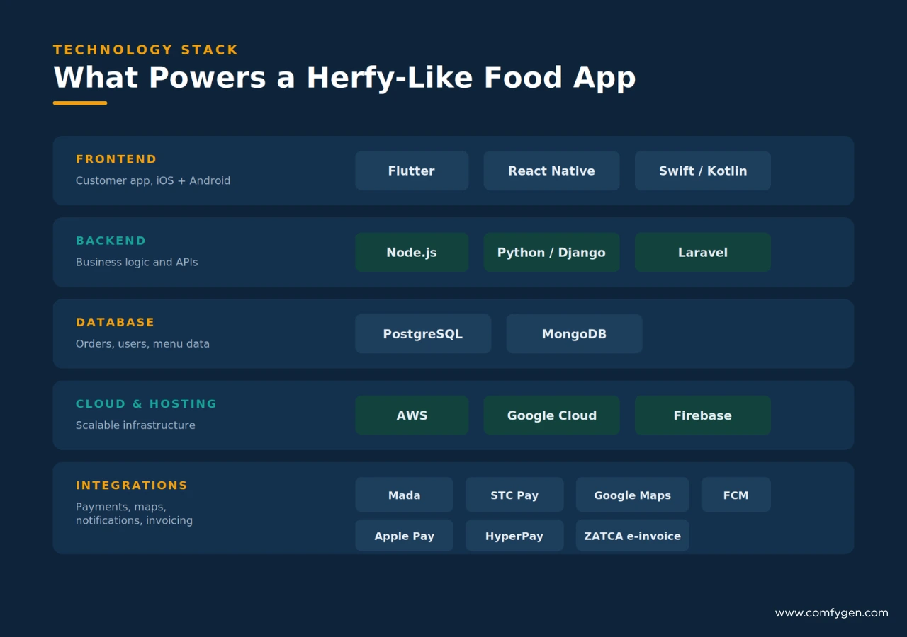 technology stack for a herfy like food ordering app